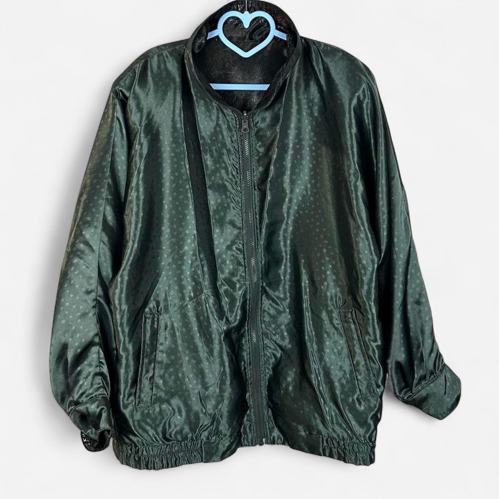 Reversible black floral / green dotted zip-up bomber jacket